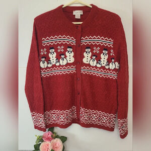 Vintage Carroll Reed Christmas Buttoned Sweater Red, Snowmen Family‎